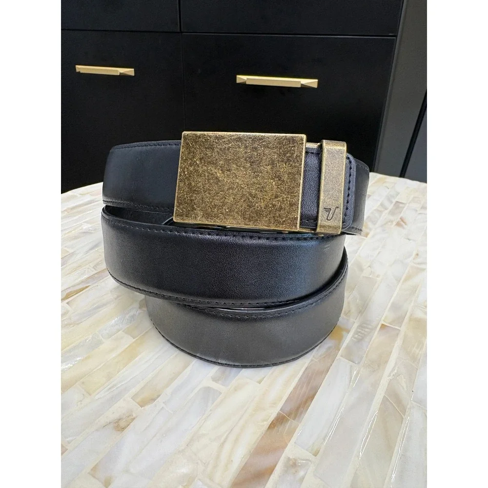 Mission Belt Mens Black Leather Ratchet Belt Antique Brass Buckle 40mm Size 40